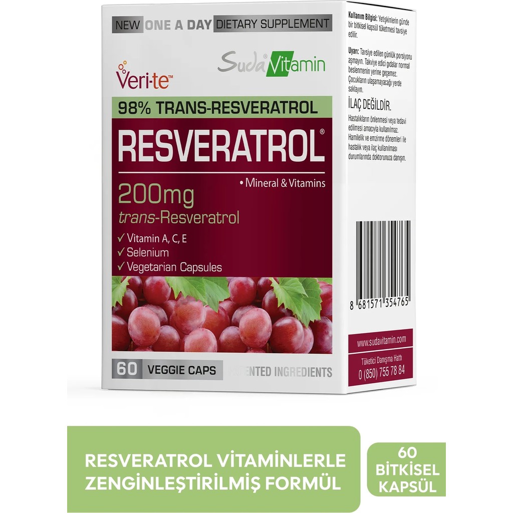 Suda Vitamin 60 Bitkisel Kapsül Resveratrol 200 mg Vitamin A, C, E ve Selenium ile Zenginleştirilmiş Diğer Fiyatı