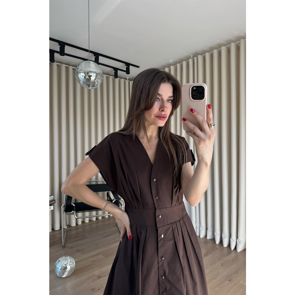 Sue Store Kahverengi Gold Düğmeli Pileli Gömlek Elbise Giyim & İç Giyim Fiyatı