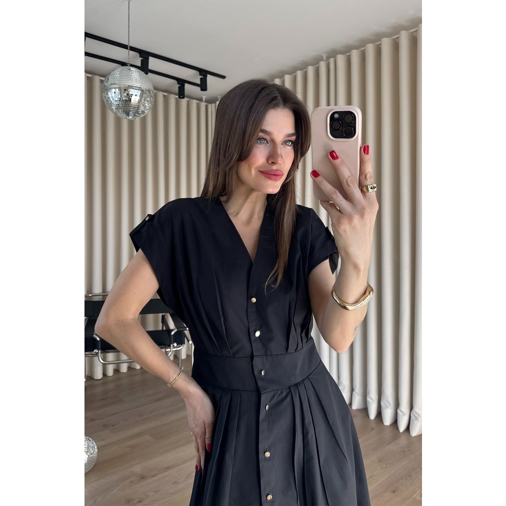 Sue Store Siyah Gold Düğmeli Pileli Gömlek Elbise Giyim & İç Giyim Fiyatı