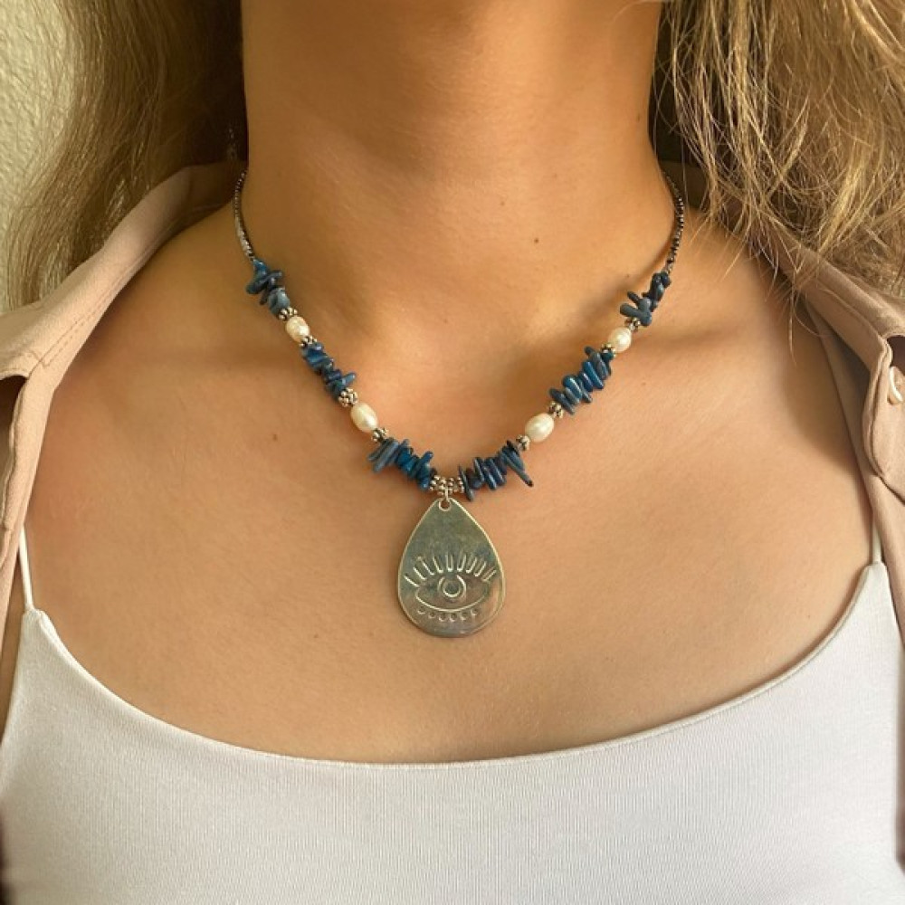 Suerte Accessories Mavi Mercan ve Hematit Doğal Taşlı 925 Ayar Gümüş Evil Eye Figür Uç El Yapımı Doğal Taş Kolye - Lacivert - 45 cm Gümüş Kolye Fiyatı