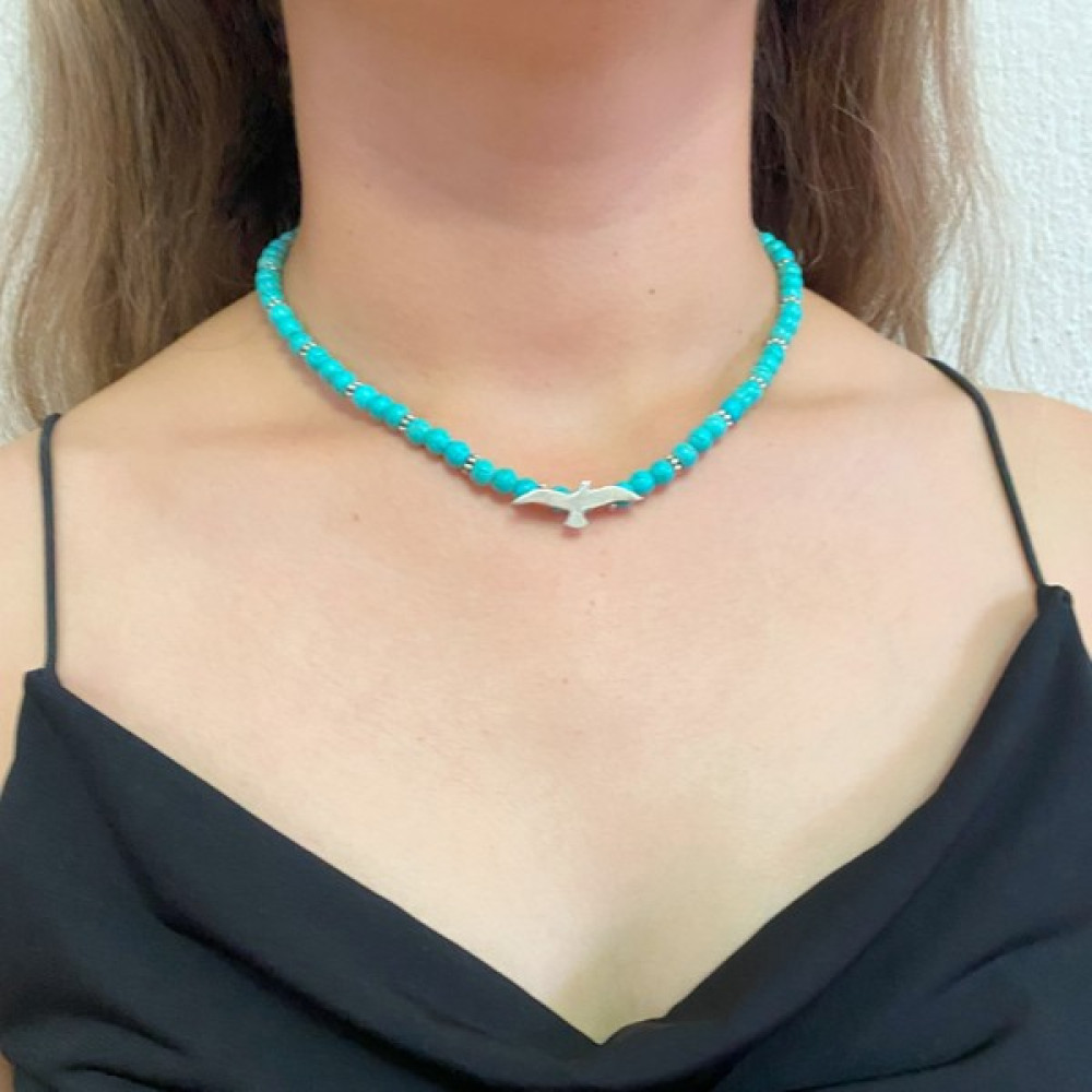 Suerte Accessories Turkuaz Doğal Taşlı 925 Ayar Gümüş Martı Uçlu El Yapımı Doğal Taş Özel Tasarım Kolye - Turkuaz - Gümüş - 45 CM Gümüş Kolye Fiyatı