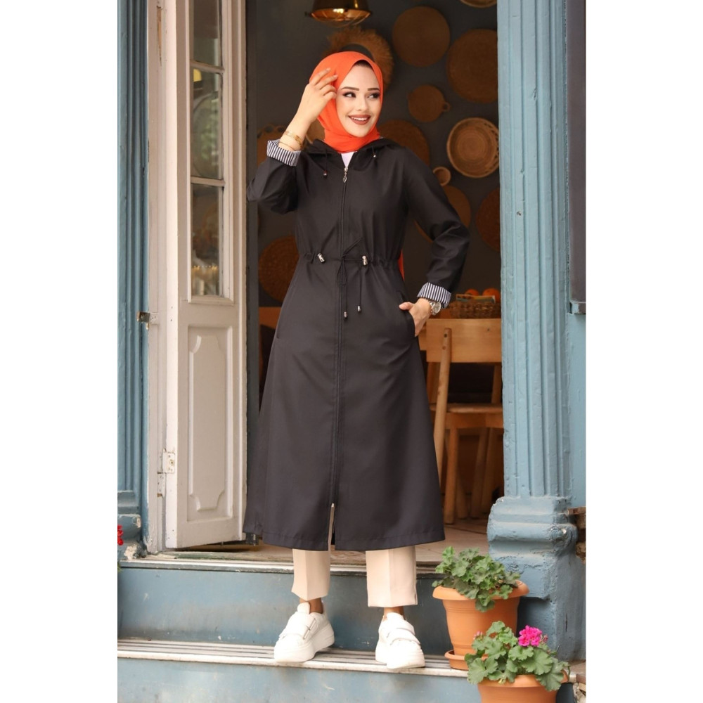 suffemoda Bileği Çizgili Kapüşonlu Trençkot 42 Beden Tesettür Giyim Fiyatı