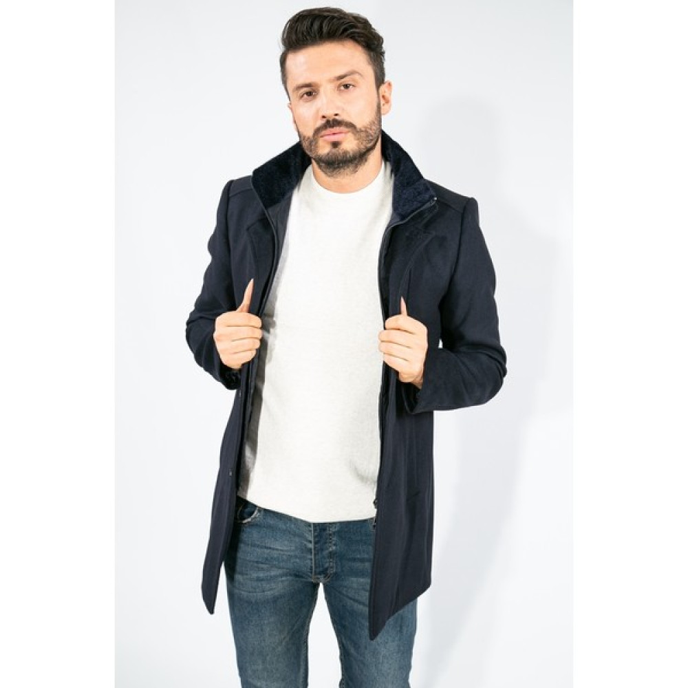Suitmen Kürklü Yaka Kaşe Kaban Lacivert Erkek Mont Fiyatı