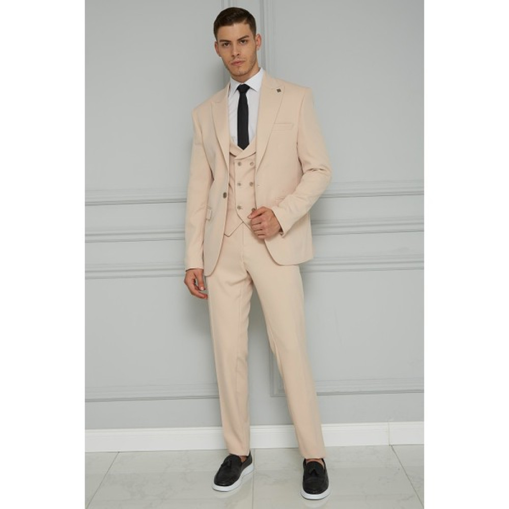 Suitmen Yelekli Takım Elbise Uçan Takım Bej Erkek Takım Elbise Fiyatı