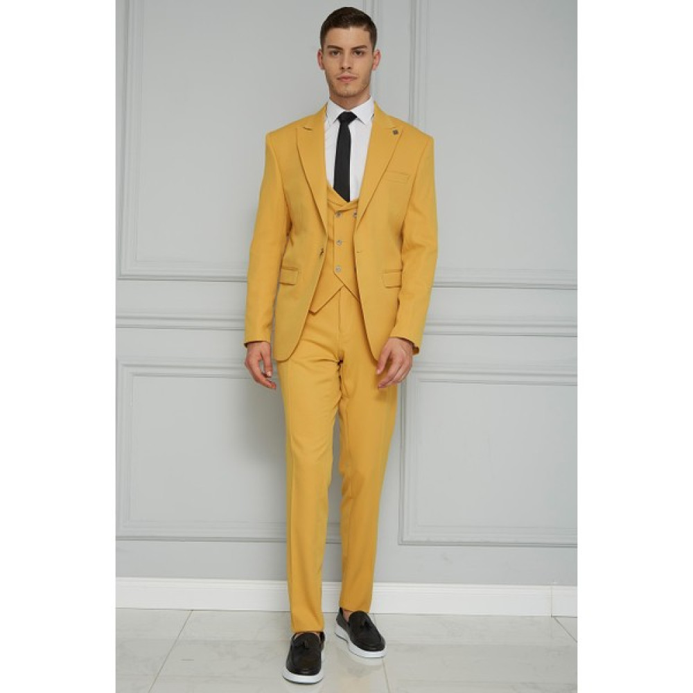 Suitmen Yelekli Takım Elbise Uçan Takım Hardal Erkek Takım Elbise Fiyatı