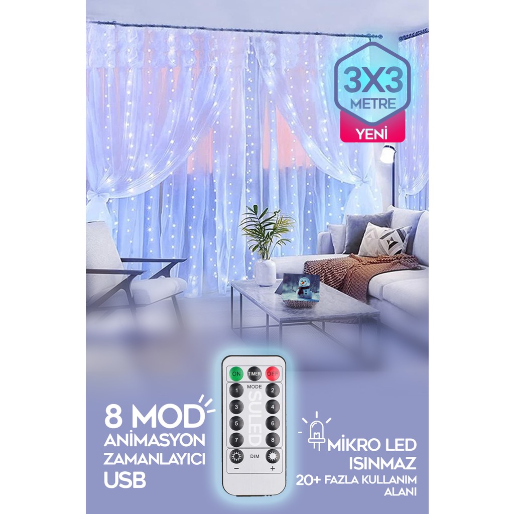 Suled Beyaz Perde Led 3x3 Metre Kumandalı 8 Mod Ambiyans Ayarlabilir Boy Dekor Mikro Led Işık Perde Perde Fiyatı