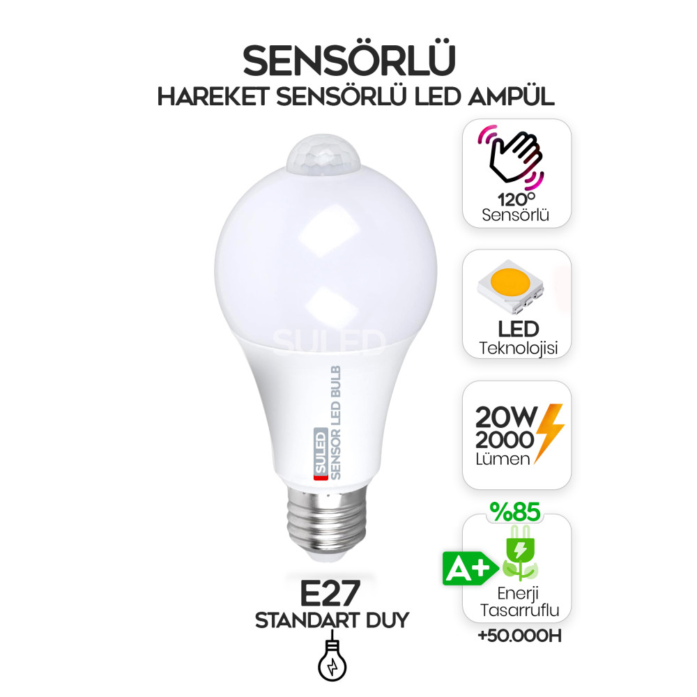 SULED Sensörlü Led Ampül Hareket Algılayıcılı E27 Duy 20W 2000 Lümen Hareket Sensörlü Led Lamba Işık Klasik Ampul Fiyatı