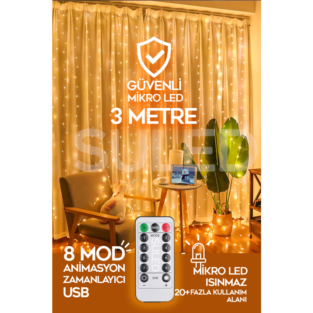 SULED Sl-1002 Perde Led Kumandalı 8 Mod Ambiyans 3x3metre Ayarlabilir Dekor Mikro Led Işık Perde Gün Işığı Yaş Günü & Parti Fiyatı
