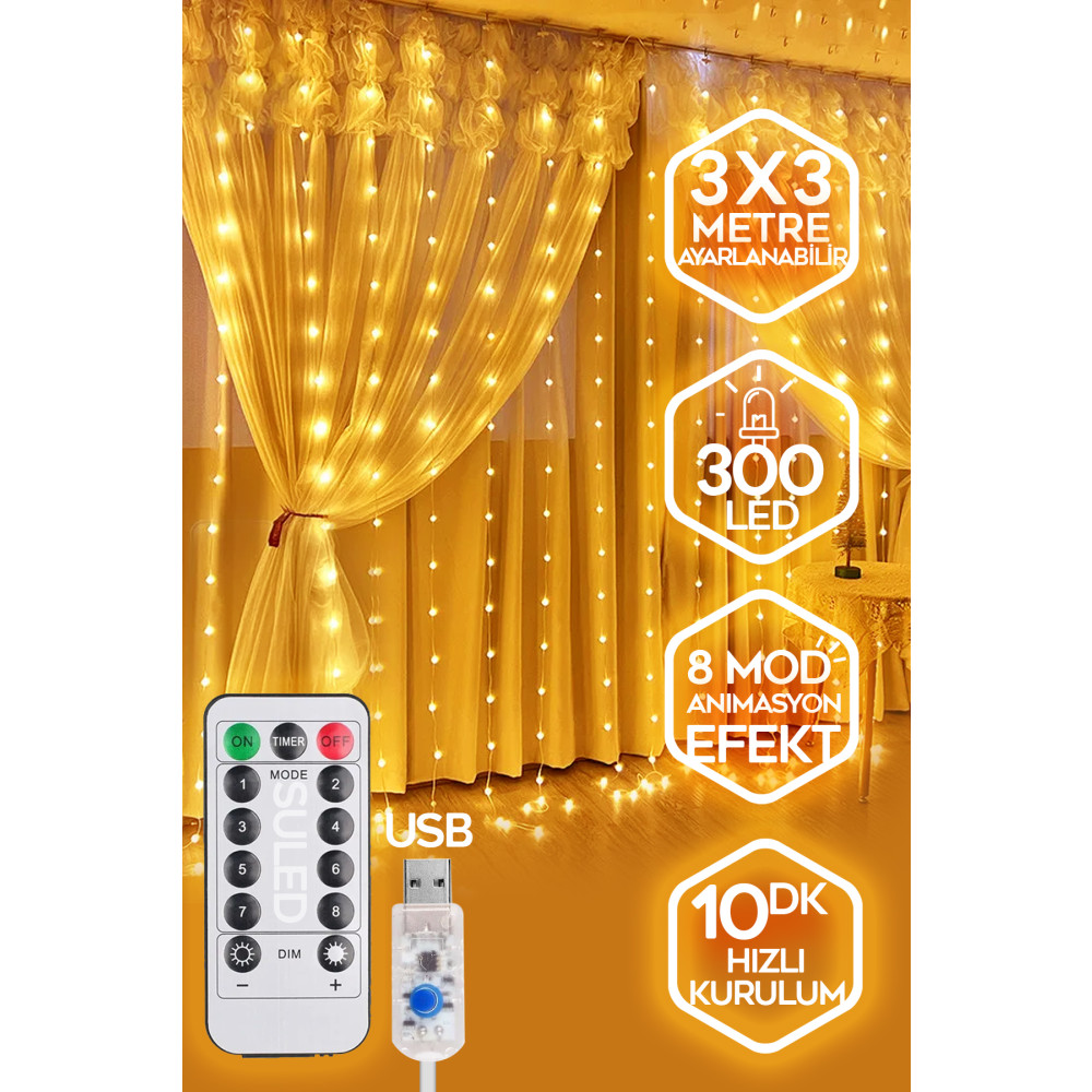 SULED Sl-1034- 300 Ledli 10 Saçaklı Sarı Led Kumandalı 8 Modlu Perde Led Peri Mutfak Işık Dekoratif Lamba Yaş Günü & Parti Fiyatı