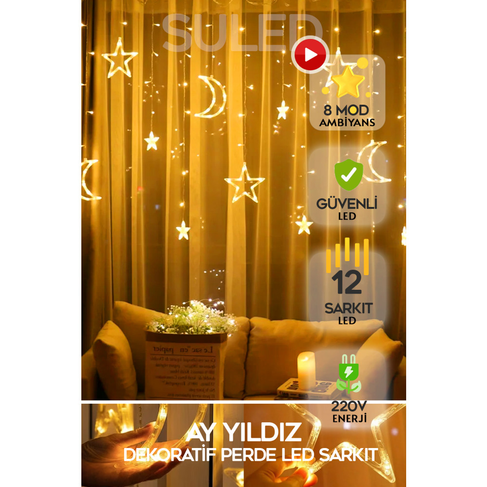 SULED Sl-1037 Ay Yıldız Perde Led 8 Mod Saçaklı Perde Peri Mutfak Işık Dekoratif Lamba Led Işık Yaş Günü & Parti Fiyatı