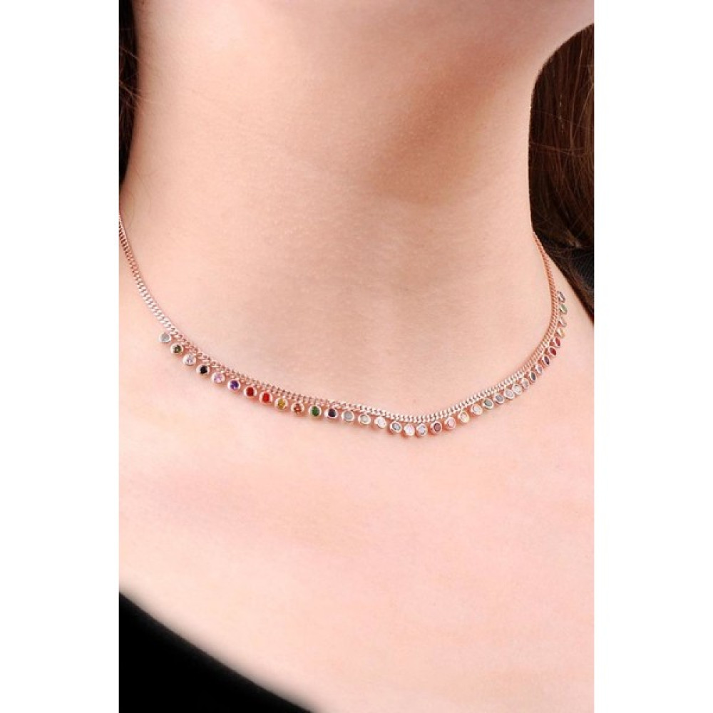 Sümer Telkari Choker Rose Gümüş Mix Sıra Taşlı Tasarım Kolye 6471 Gümüş Kolye Fiyatı