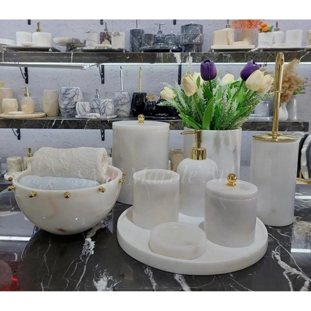 Sümeyra Marble Art Crystal White Golden - Doğal Beyaz Mermer Banyo Seti | 9lu | Beyaz Kase Mermer Havluluk | Gold | Banyo Aksesuarları Fiyatı
