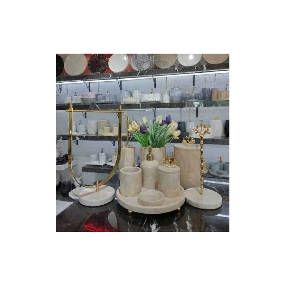 Sümeyra Marble Art Elizya Doğal Bej Mermer Banyo Seti 10 Parça gold Mermer Vazo kağıt El Havluluk Banyo Aksesuarları Fiyatı