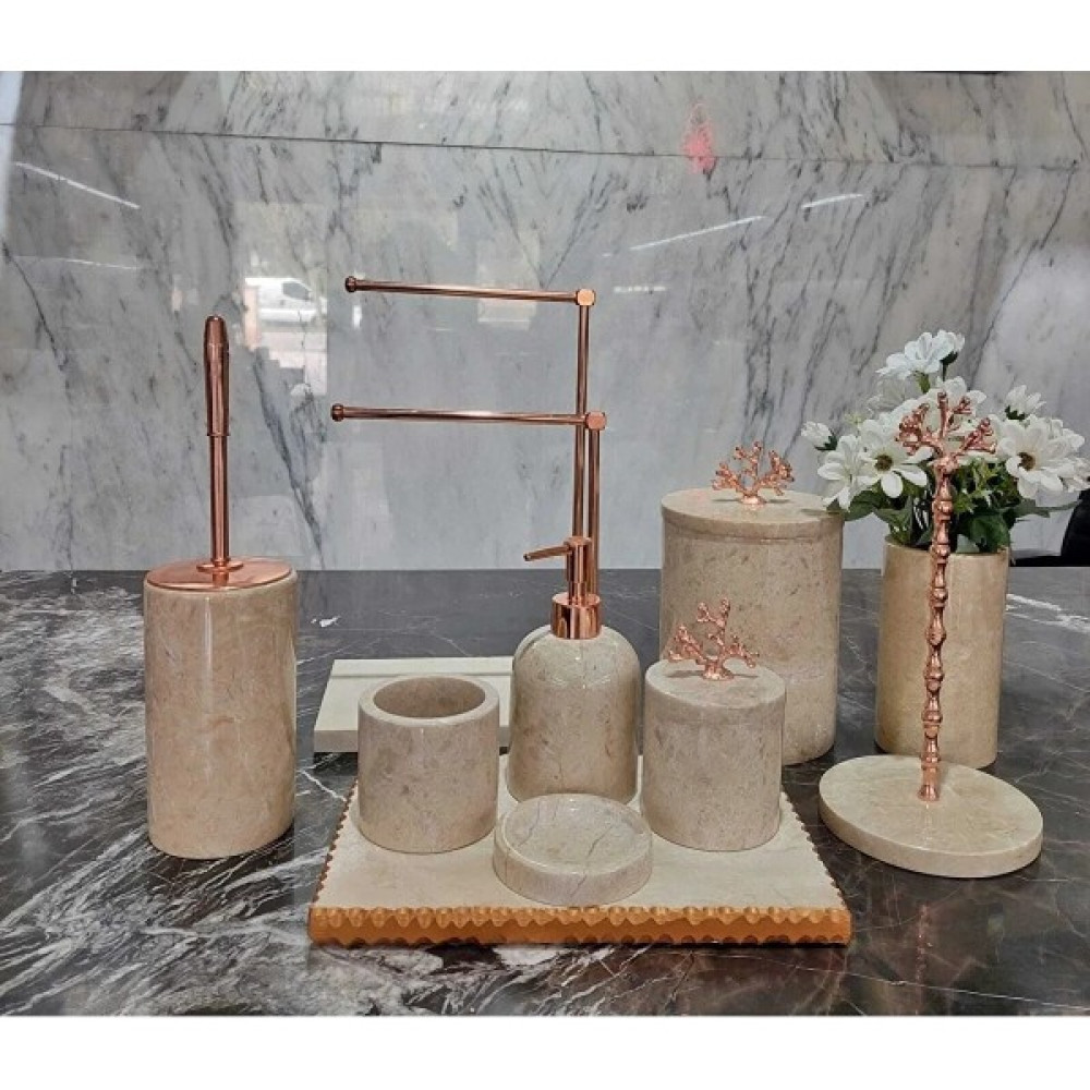 Sümeyra Marble Art Kremna - Doğal Bej Mermer Banyo Seti 10LU Bej Mermer Havluluk Mercan Bakır ART-317 Banyo Aksesuarları Fiyatı