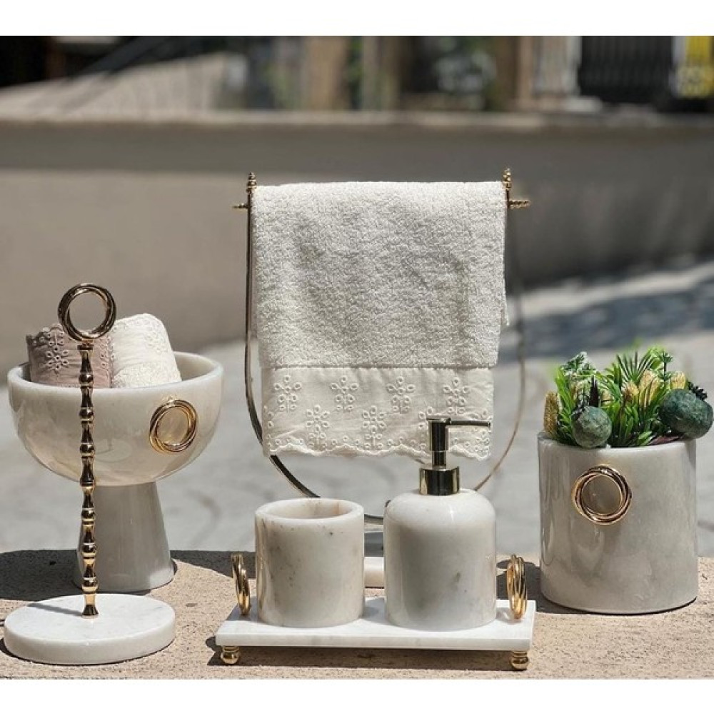 Sümeyra Marble Art Olivya- Beyaz Mermer Banyo Seti - 7 Parça - Gold Detaylı- Mermer Kase-Havluluk Banyo Aksesuarları Fiyatı