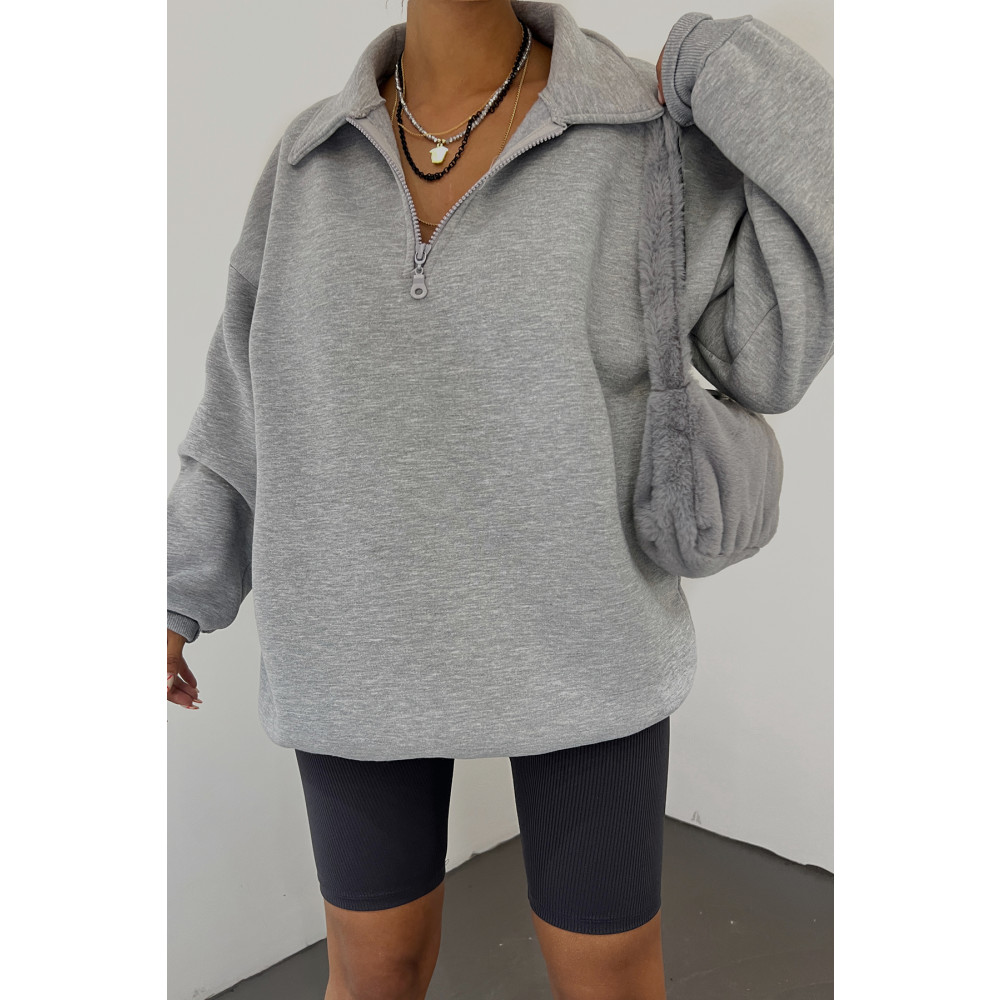 Sun Victoria Kadın Gri Polo Yaka Oversize 3 Iplik Şardonlu Sweatshirt L/XL Beden Bayan Sweatshirt Fiyatı