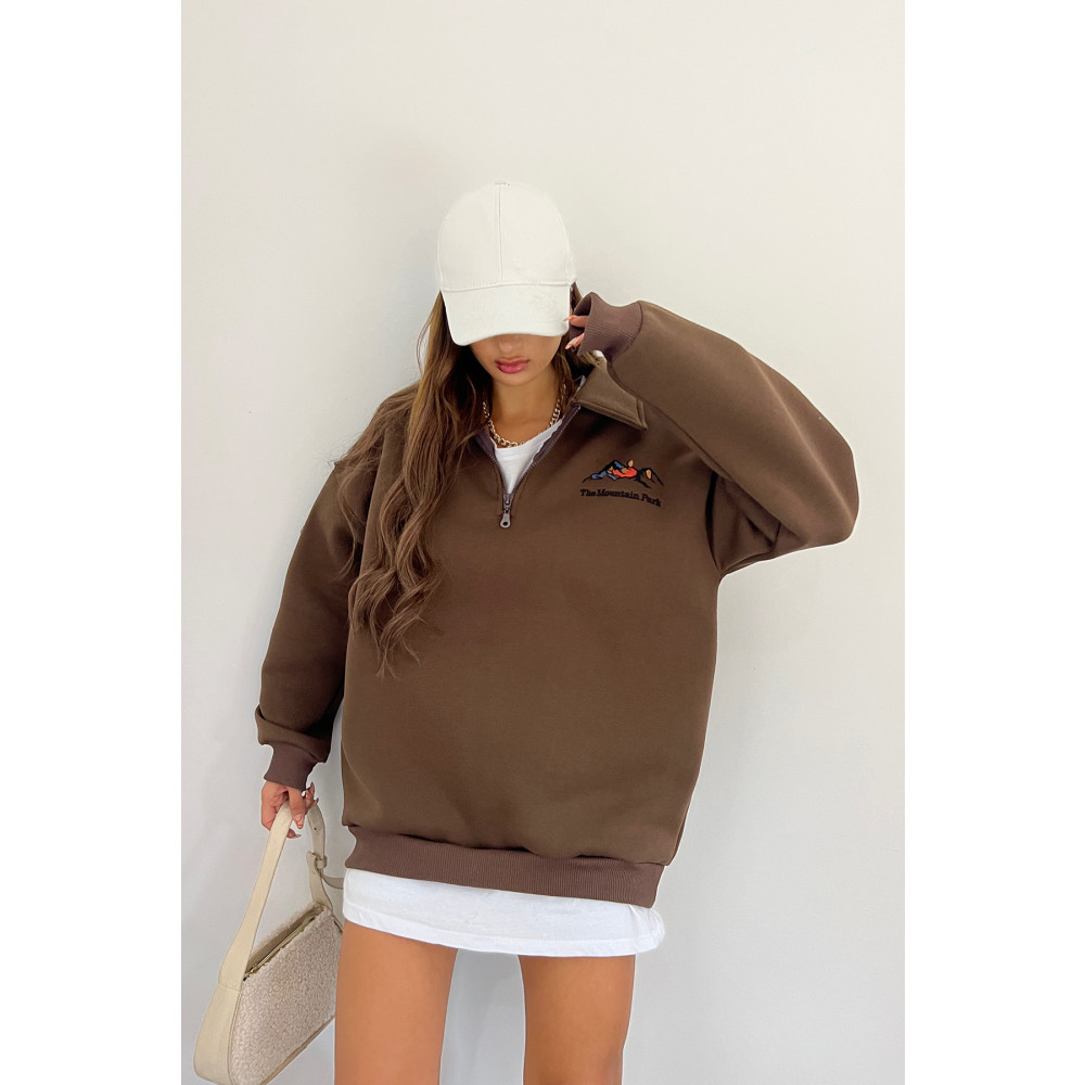 Sun Victoria Unisex Kahverengi Polo Yaka Oversize 3 İplik Şardonlu Nakışlı Sweatshirt L-XL Beden Bayan Sweatshirt Fiyatı