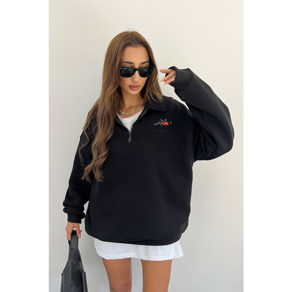 Sun Victoria Unisex Siyah Polo Yaka Oversize 3 İplik Şardonlu Nakışlı Sweatshirt S-M Beden Bayan Sweatshirt Fiyatı