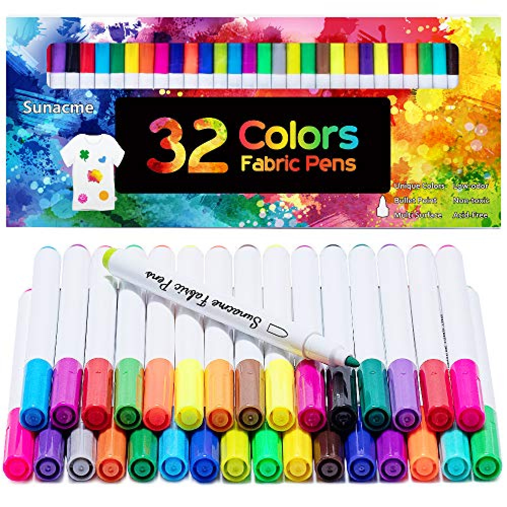 sunacme Fabric Markers Pen, 32 Colors Permanent Fabric Paint Pens for T-Shirt, Fine Tips Art Marker Set for Canvas Bags Hats Sneakers and Textiles Fabrics Fiyatı