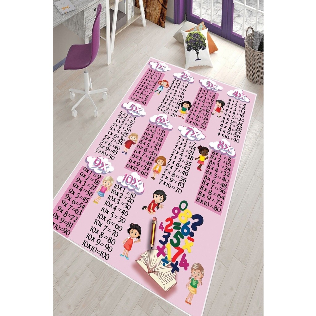 Süngersan Yıkanabilir Kaymaz Taban Eğitici Çarpım Tablolu Çocuk Halısı Oyun Halısı - 160 x 280 cm - Pembe Salon Halısı Fiyatı