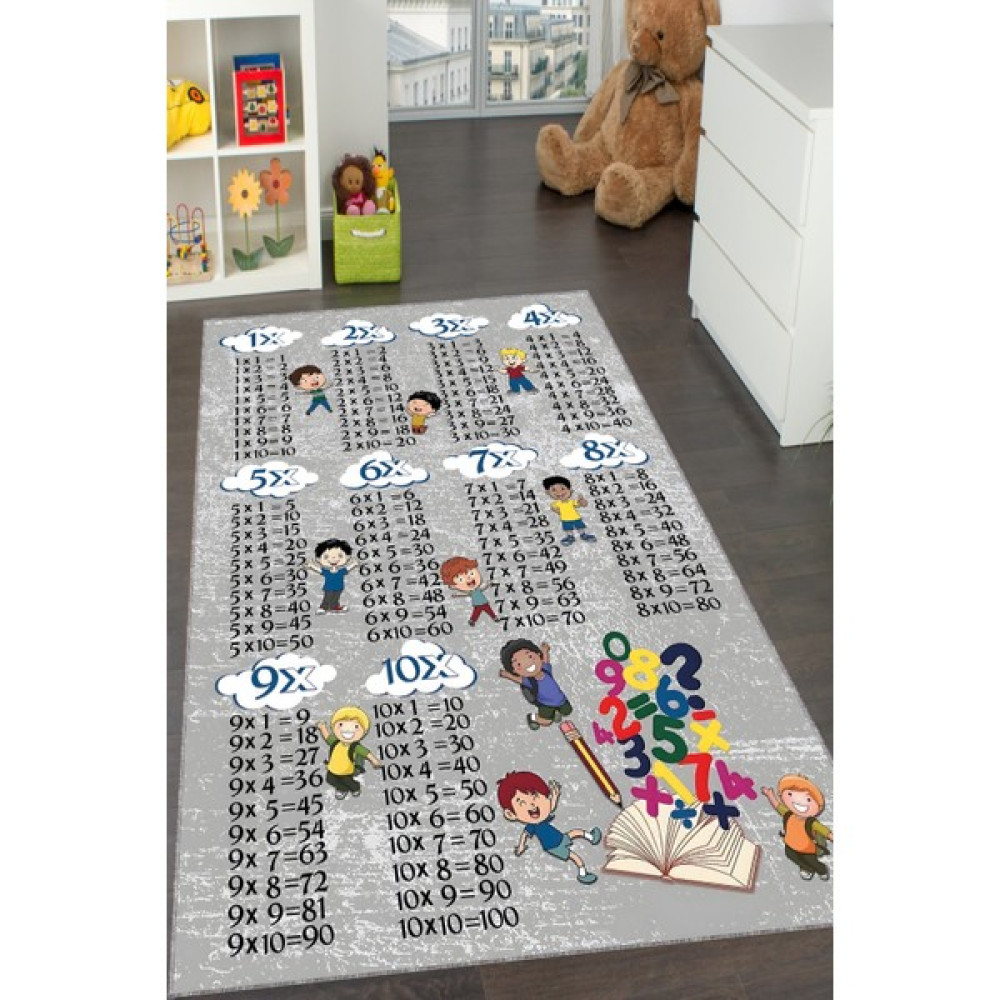 Süngersan Yıkanabilir Kaymaz Taban Eğitici Çarpım Tablolu Çocuk Halısı Oyun Halısı - 90 x 150 cm - Gri - Bej Bebek Odası Halı Fiyatı