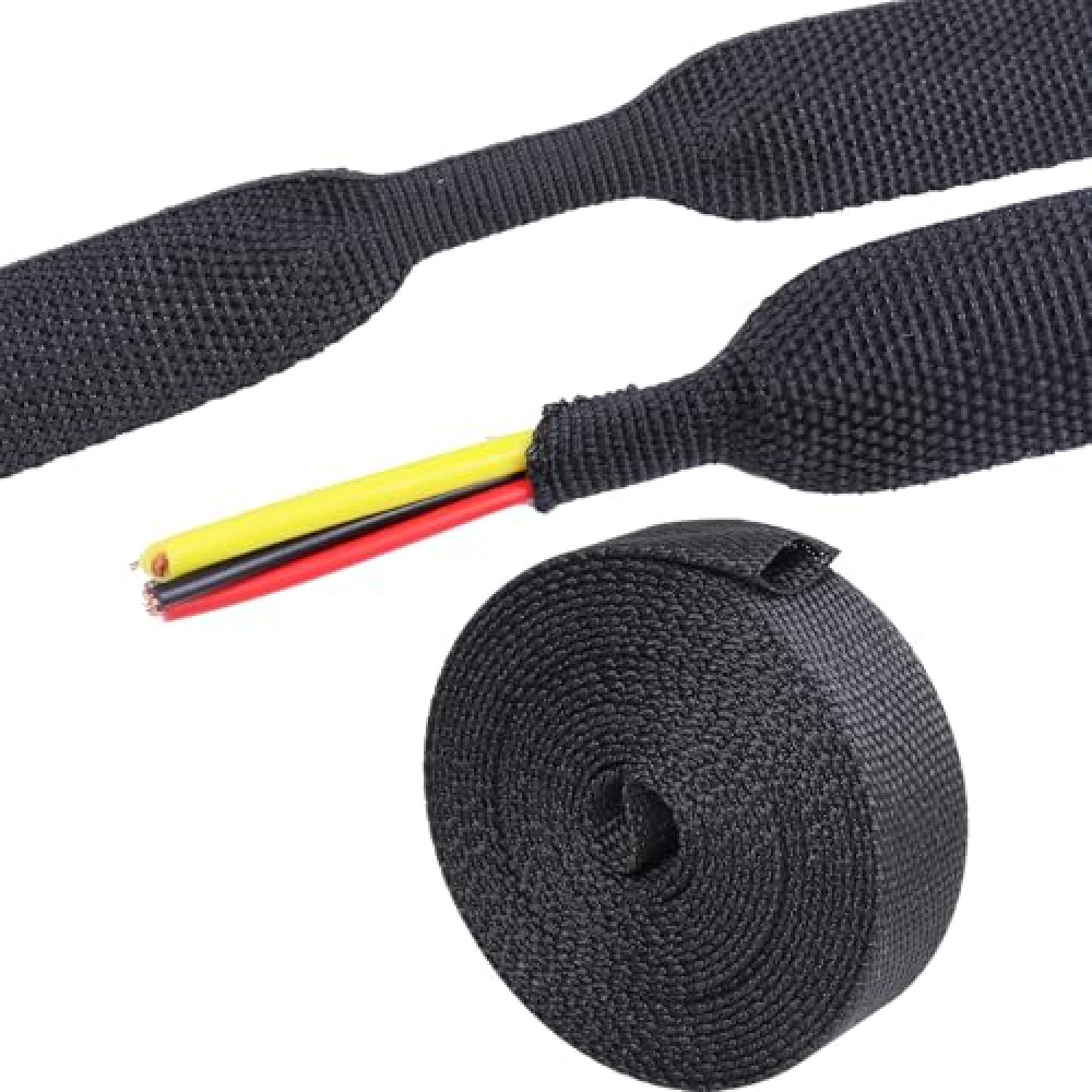 SUNNAREPOON 2:1 Ratio Automotive Heat Shrink Braided Sleeve, Cord Protector, Wear-Resistant Fabric Flat Woven Shrinkable Tubing Wires Hoses Protection (3/8"-15ft)