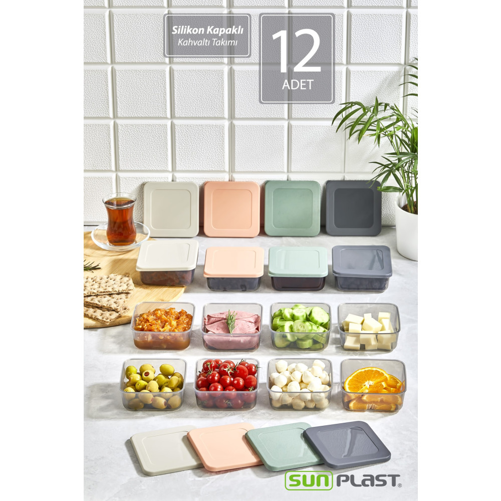 Sunplast 12li KARE Kahvaltı Seti - Sızdırmaz Silikon Kapaklı Erzak Gıda Piknik Saklama Kabı Kahvaltılık Set Saklama Kapları Fiyatı