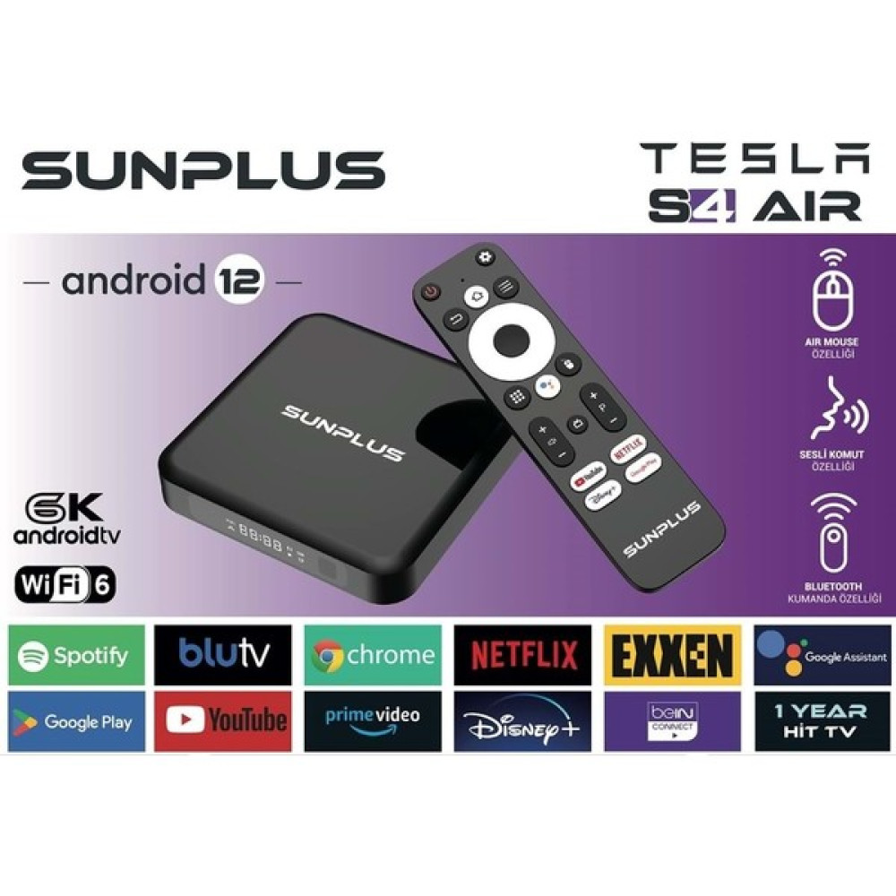 Sunplus Tesla S 4 Air Android Tv Box 4gb Ram -32 GB Hafıza Android 12 Tvbox -4 K 3840*2160 P Wi-Fi 6 Ev Sinema Receiverları Fiyatı