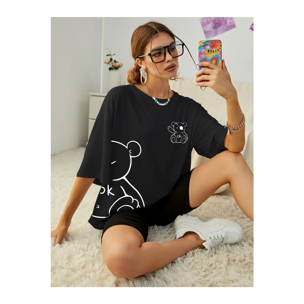 SUNRUSH Ayıcık Baskılı Kadın Oversize Salas T-shirt Boyfriend M Beden Bayan T-shirt Fiyatı