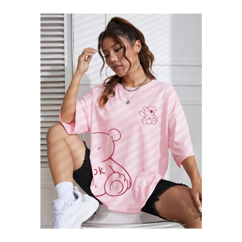 SUNRUSH Ayıcık Baskılı Kadın Oversize Salas T-shirt Boyfriend S Beden Bayan T-shirt Fiyatı