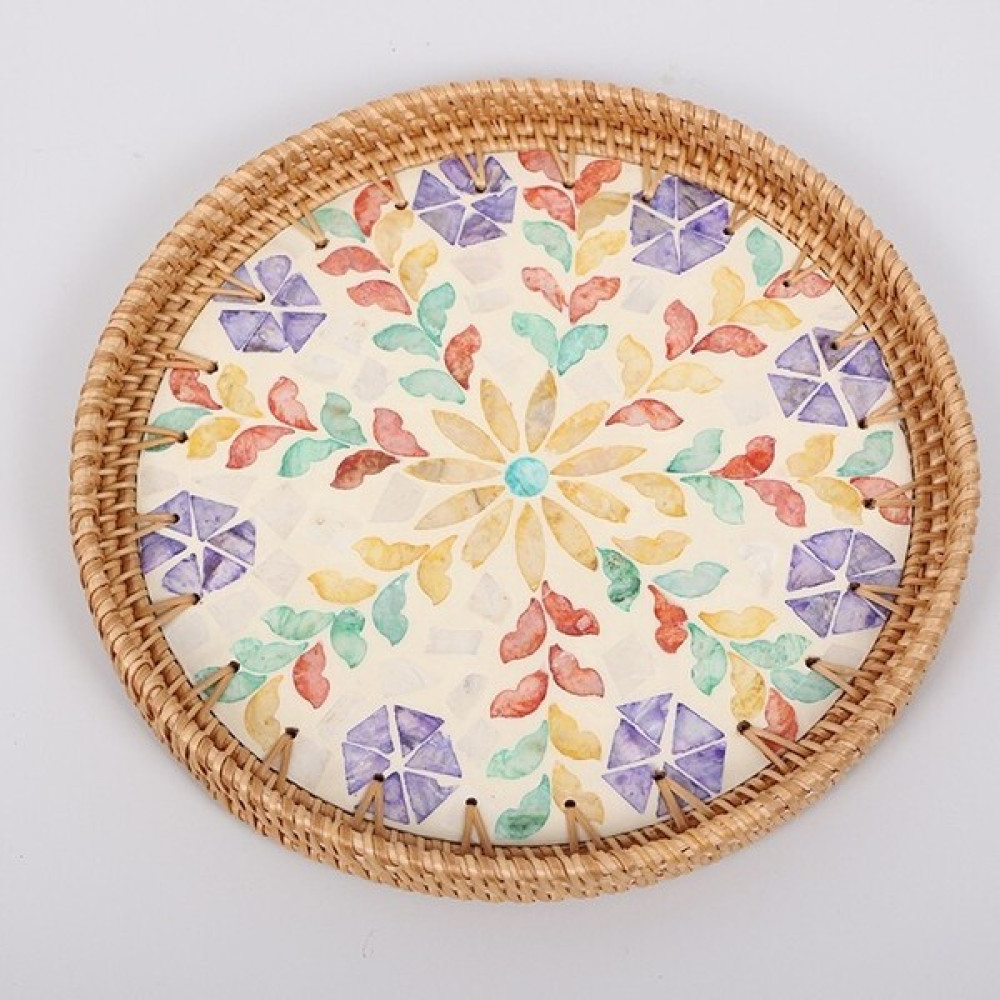 Sunum Tepsisi, Çiçekli Sedef Seramik Rattan Tepsi, Hasır Çay Tepsisi, Dekoratif Tepsi 30x2.5cm Servis Tepsisi Fiyatı