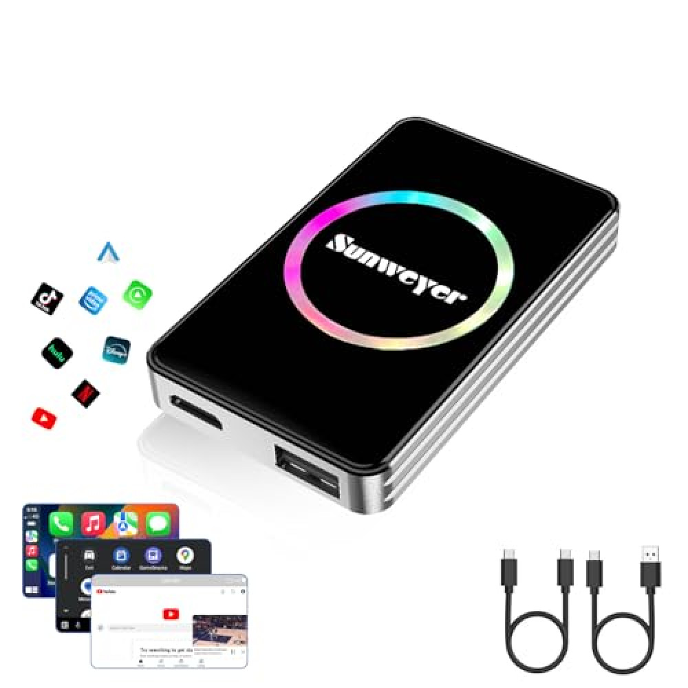 Sunweyer Wireless CarPlay Adapter Car Streaming Device Ai Box Support Netflix, YouTube, Hulu, Disney+, Android Auto Wireless Adapter with LED Ambient Light, Easy to Setup 3 in 1, Dual WiFi Bluetooth