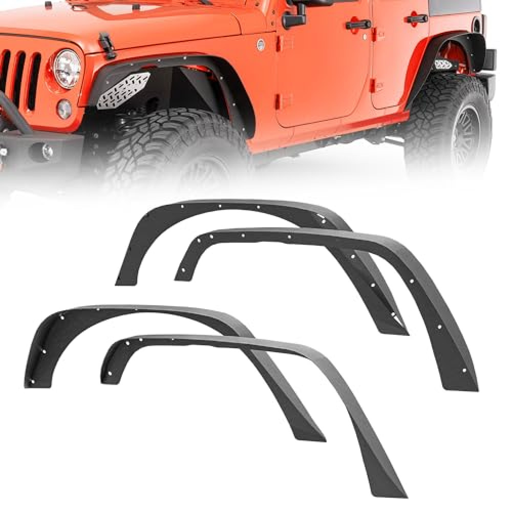 SUORTO Front & Rear Fender Flares Compatible with 2007-2018 Jeep Wrangler JK JKU Unlimited 2/4 Doors Heavy Duty Steel Off-Road Wheel Fenders Kit Textured Black Finish-4 PCS Set