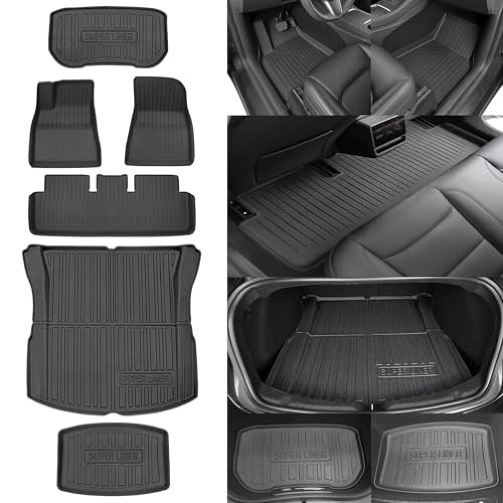 SUPER LINER Tesla Model 3 Floor Mats 2024 2025 All-Weather Floor Mats Set (6 Pieces) | Custom Fit, Pet & Child-Friendly | Model 3 Highland Cargo Liner Rear Cargo Tray Trunk Interior Accessories