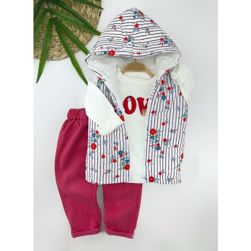 SuperShop 3-4-5-6 Yaş Kapşonlu Fermuarlı Çiçekli Şişme Yelek Sweat Pantolonlu 3lü Kız Erkek Çocuk Takımı Bebek Giysi Takım Fiyatı