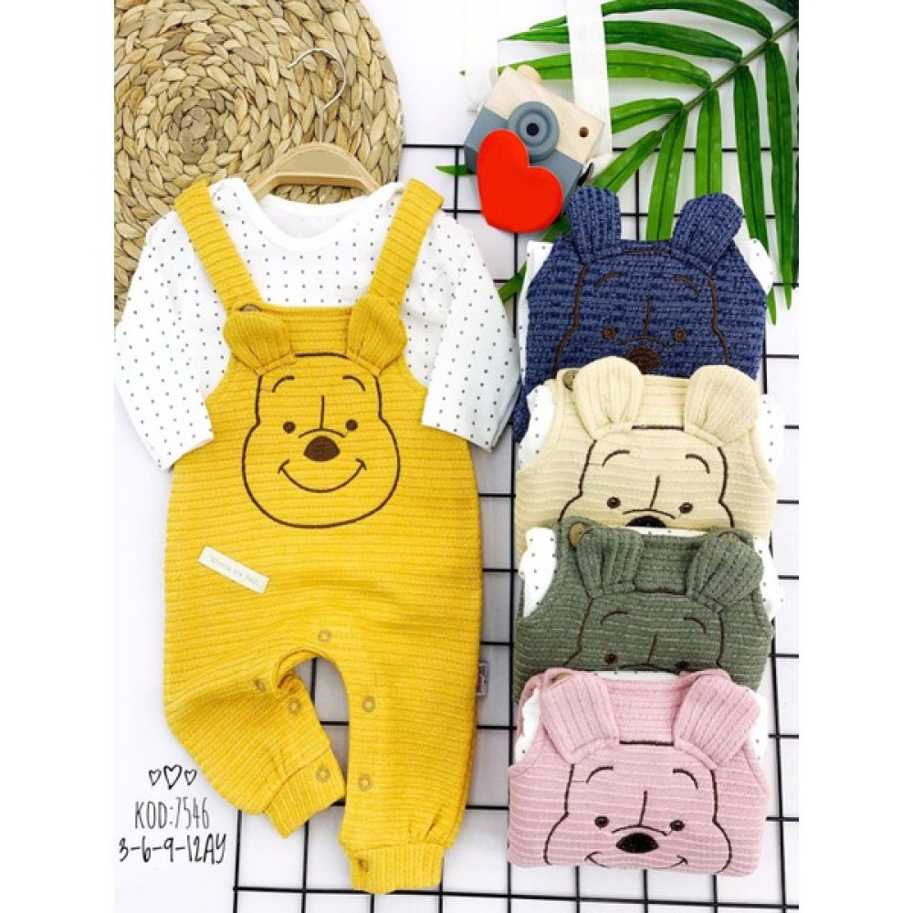 SuperShop 3 6 9 12 Ay Örme Kumaş Kulaklı Ayıcık Desenli Düğmeli Sweatli 2li Kız Erkek Bebek Salopet Takımı Bebek Giysi Takım Fiyatı