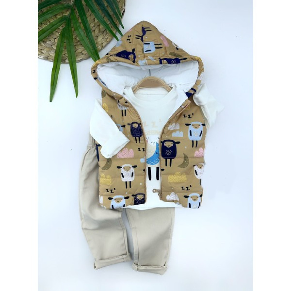 Supershop Kapşonlu Kuzucuk Şişme Yelek Sweat Pantolonlu 3Lü Takım Bebek Giysi Takım Fiyatı