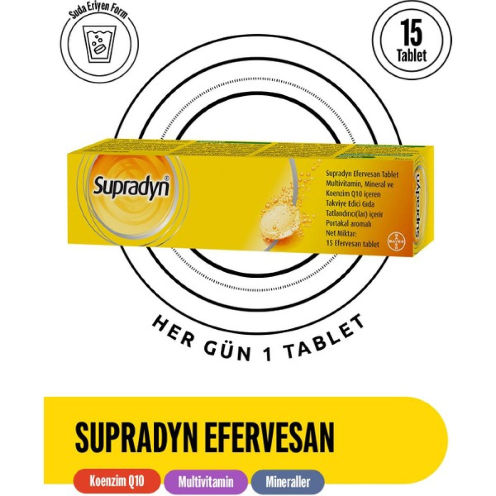 Supradyn 15 Efervesan Tablet | Koenzim Q10, Multivitamin ve Mineral İçeren Takviye Edici Gıda Protein Tozları Fiyatı