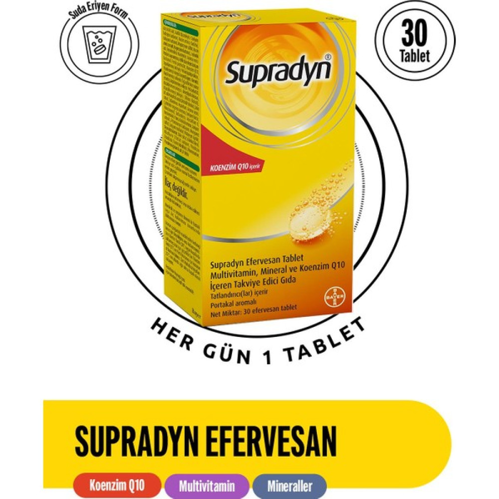 Supradyn 30 Efervesan Tablet | Koenzim Q10, Multivitamin ve Mineral İçeren Takviye Edici Gıda Protein Tozları Fiyatı