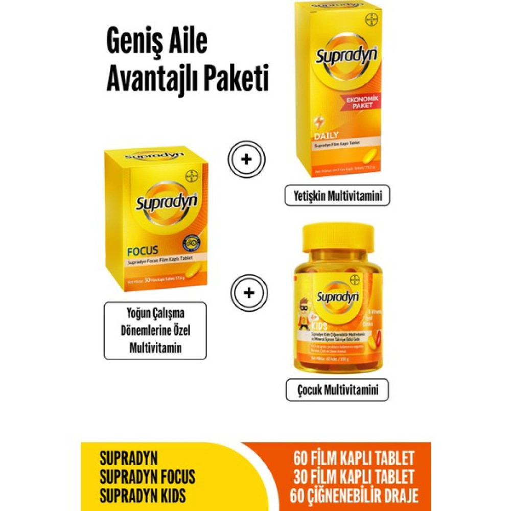 Supradyn Aile Avantajlı Paketi l 60 Daily Tablet + Focus 30 Tablet + Kids 60 Draje l Zeytin Polifenolü, Ginseng, Multivitamin Ve Mineral Protein Tozları Fiyatı