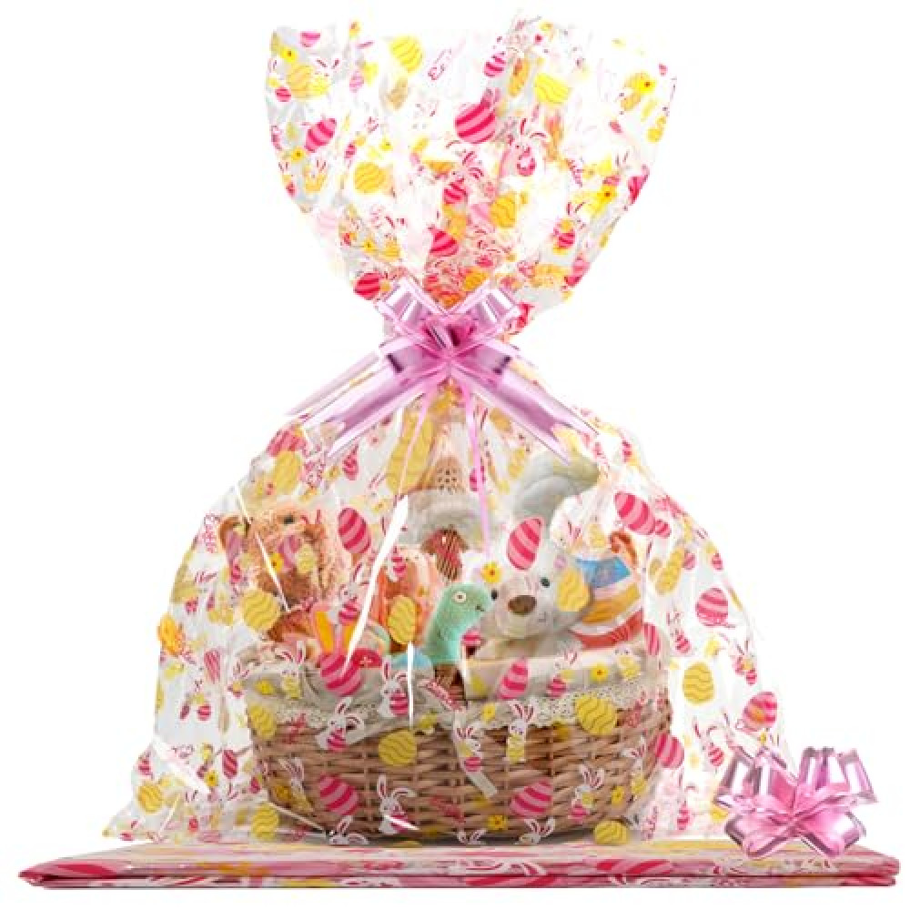 SUREHOME Cellophane Bags for Gift Baskets 30 x 40 Inch Large Clear Gift Bags for Easter Baskets Wrap, Set Of 10 Plastic Cello Bunny Treat Bag with Pull Bow Ribbon for Large Easter Basket