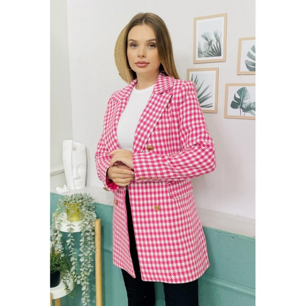 Susee Moda Pembe Ekose Gold Düğmeli Blazer Ceket Bayan Ceket Fiyatı