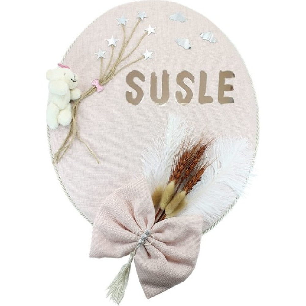 Süsle Bebek ve Parti Kuru Çiçek Tanzimli, Ayıcıklı, İsimli Oval Kapı Süsü, Pudra Renk Bebek Kapı Süsü Fiyatı