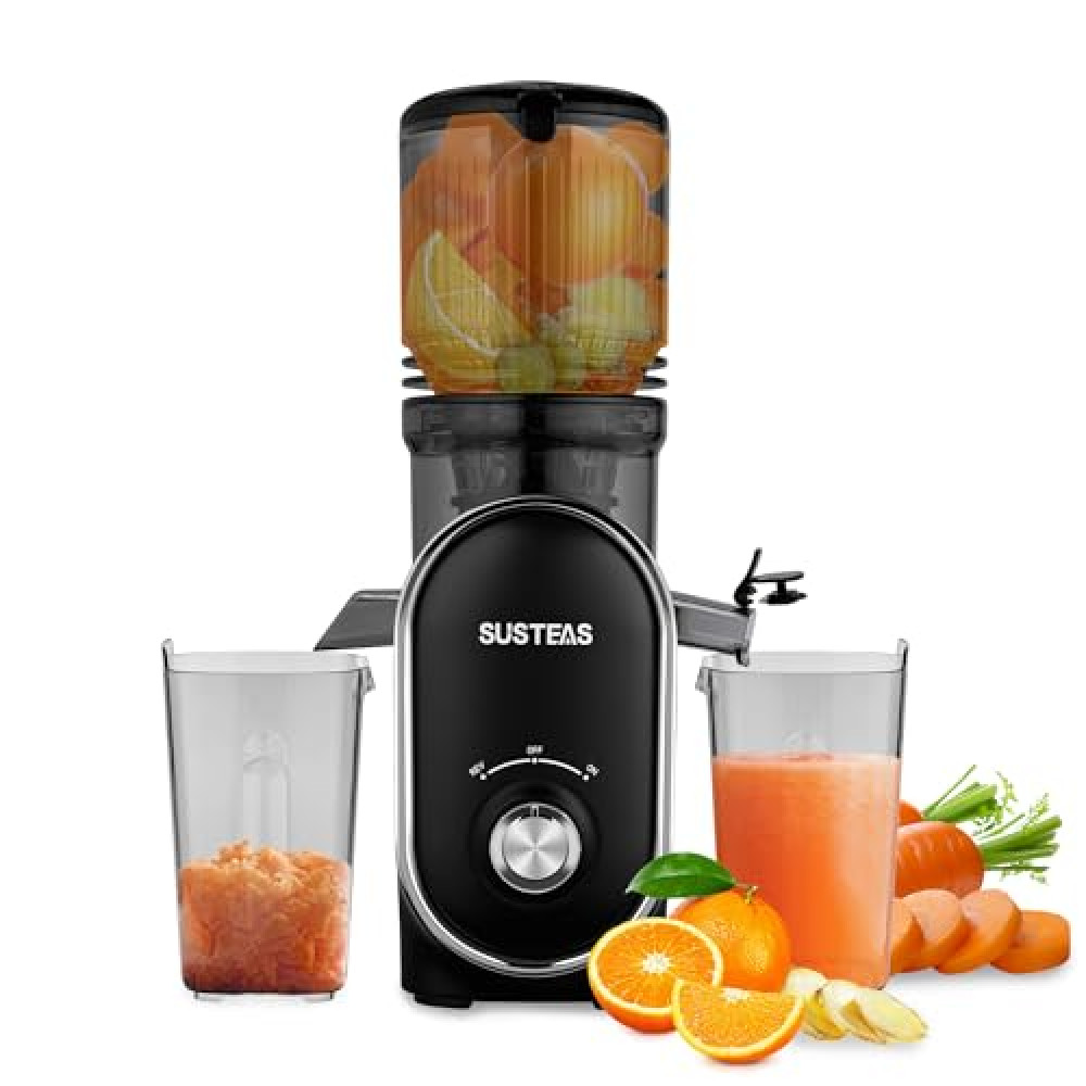 SUSTEAS Cold Press Juicer, 300W, 5.3" Large Feed Chute, 1.5L Capacity, Automatic Feeding, High Yield, Easy to Clean, Ideal for Whole Fruits & Vegetables, Black