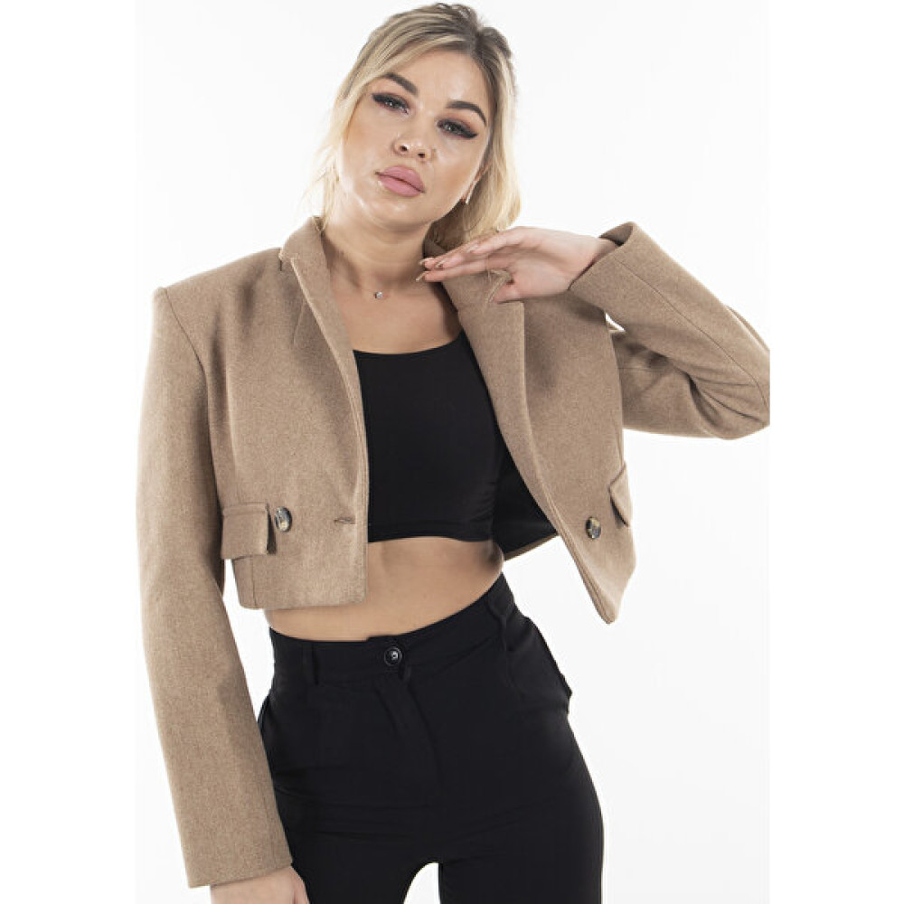 Sütlü Kahve Kruvaze Yaka Kaşe Crop Astarlı Blazer Ceket 0105125.374 Bayan Ceket Fiyatı