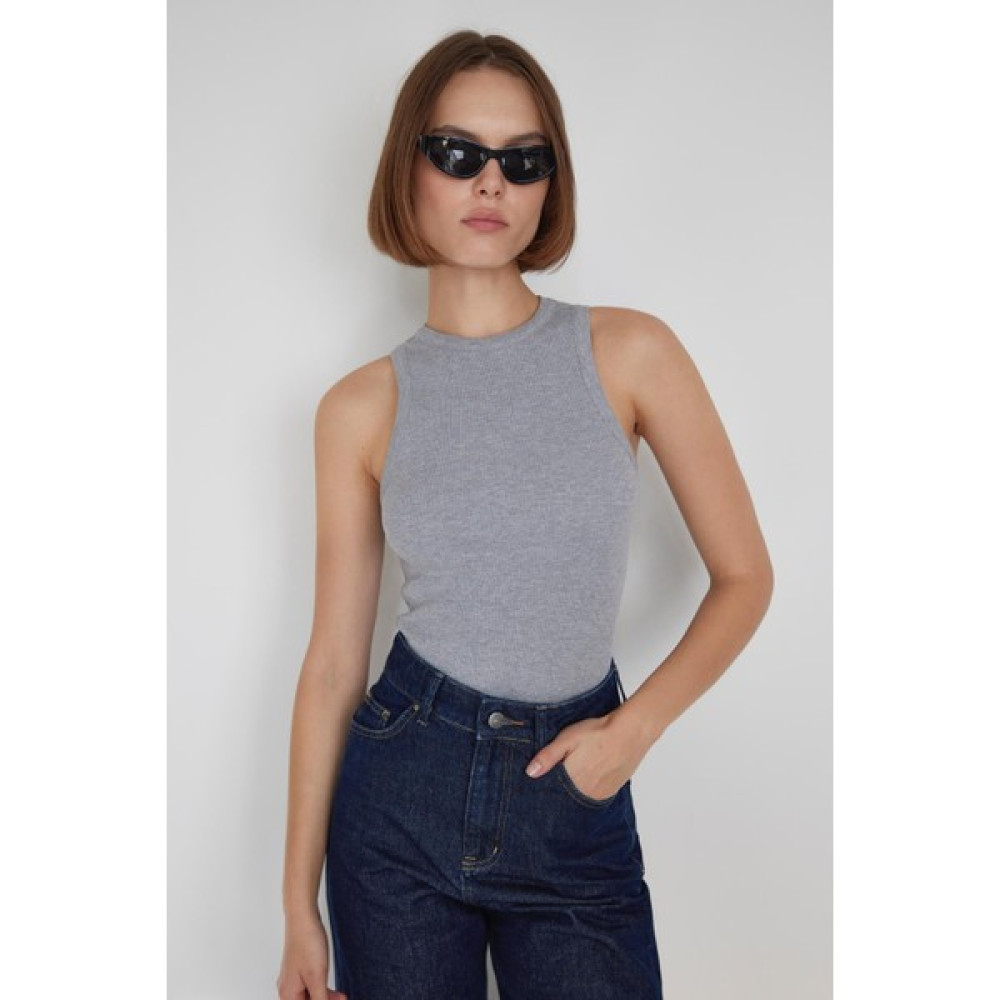 Suud Collection Gri Oli Fitilli Bisiklet Yaka TShirt Bayan T-shirt Fiyatı