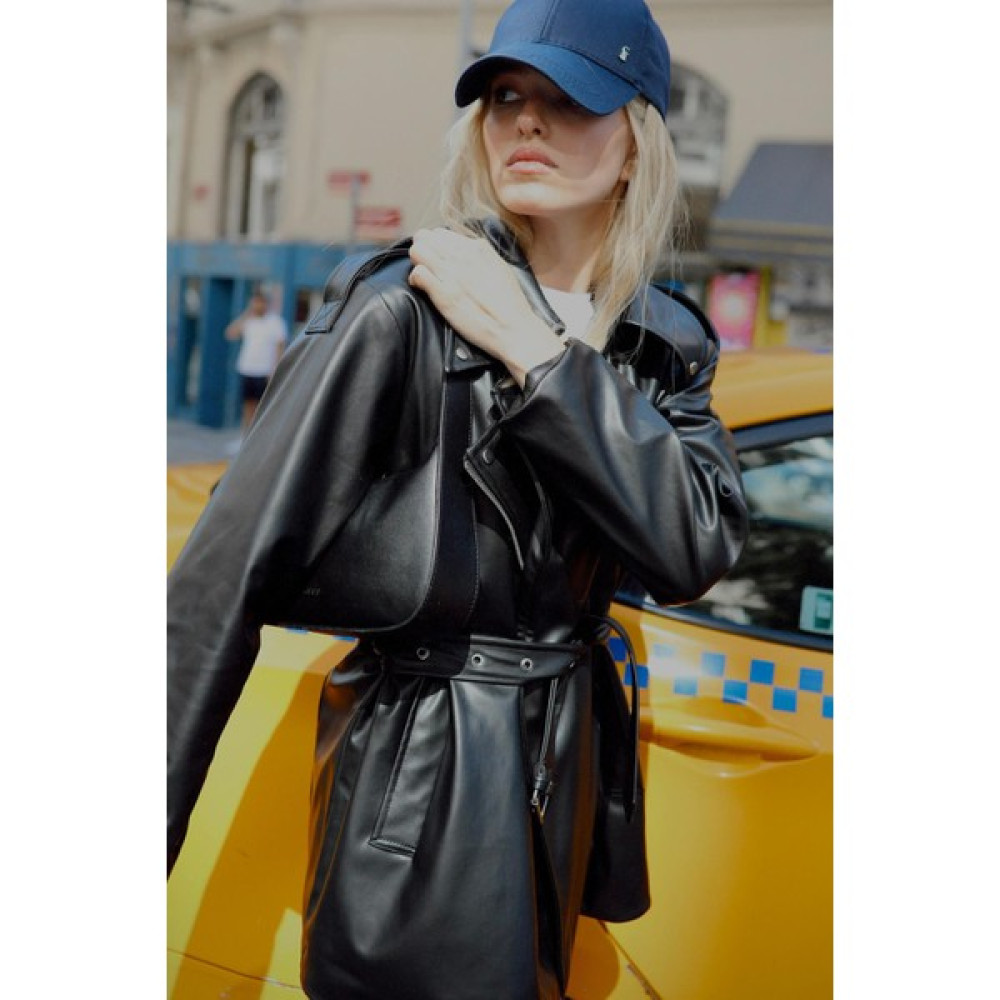 Suud Collection Siyah Deri Biker Trençkot Kadın Trençkot Fiyatı