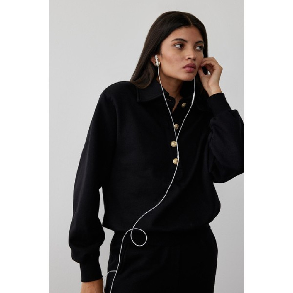 Suud Collection Siyah Mimi Gold Düğmeli Sweatshirt Bayan Sweatshirt Fiyatı