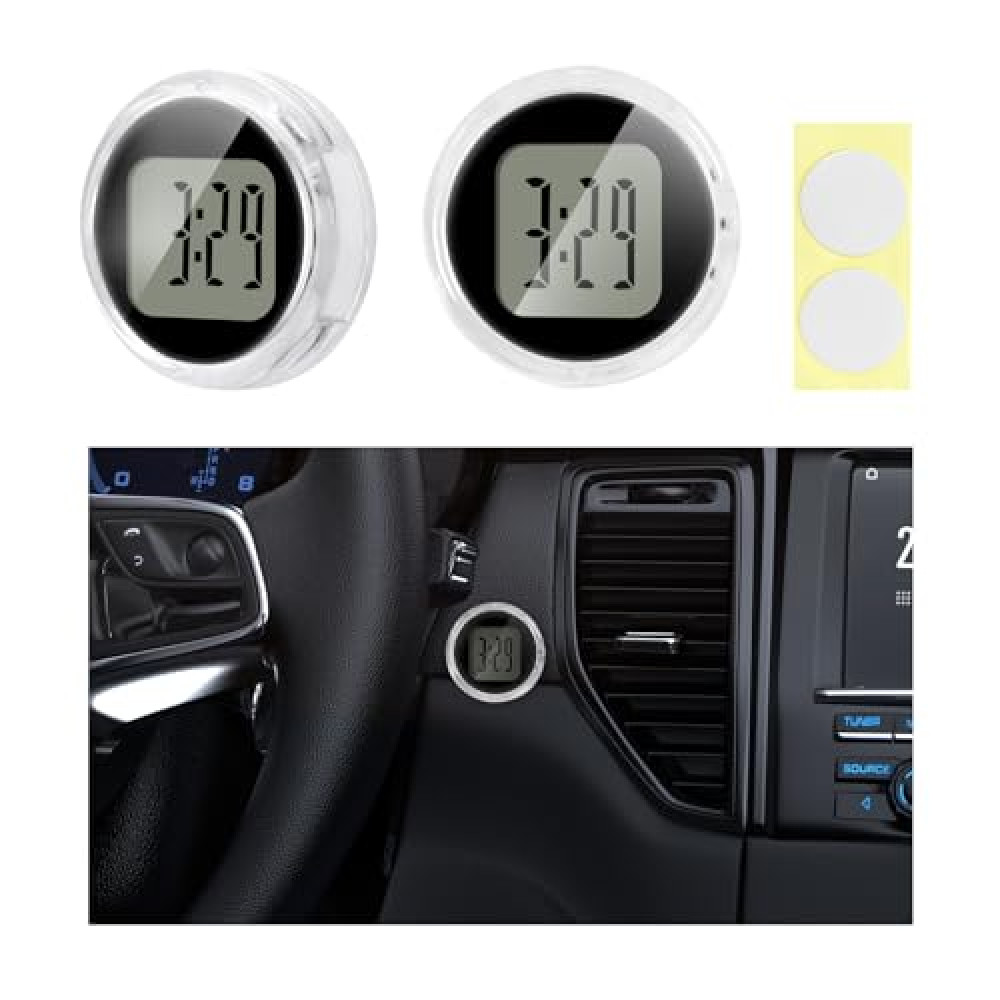 Suvnie 2 PCS Mini Motorcycle Clocks, Waterproof Motorbike Handlebar Digital Clock, 1.1 Inch Stick-On Dashboard Mount Watch, Universal Vehicle Decor Accessories for Motorcycle Car SUV (Black)