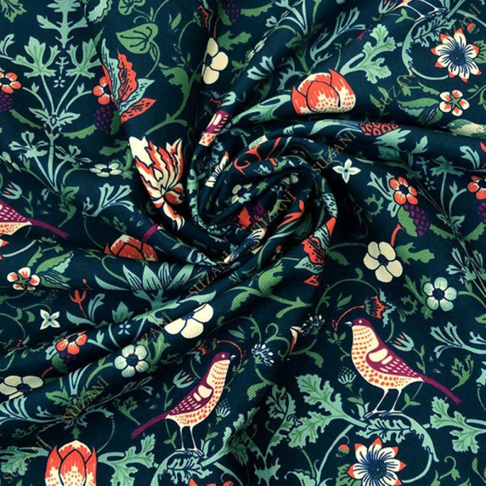 Suzani William Morris Kuş Desenli Dijital Baskılı Kumaş KMS-1148 - 1 m - 140 cm - Renkli Kumaşlar Fiyatı